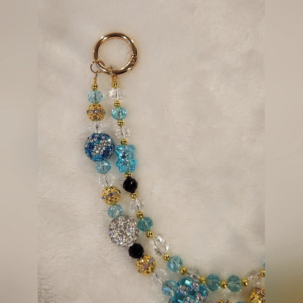 Gold and Blue Beaded Teddy Bear With Crown Bag Chain
